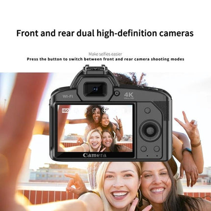 Wireless Night Vision Digital Camera for Everyday Photos and Videos showing front and rear dual high-definition cameras with selfie group on LCD