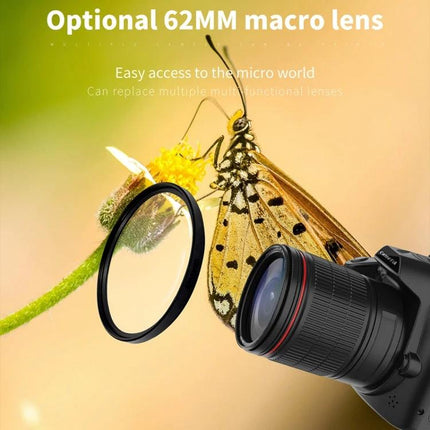 Wireless Night Vision Digital Camera for Everyday Photos and Videos showing optional 62MM macro lens with butterfly close-up and Wi‑Fi connectivity