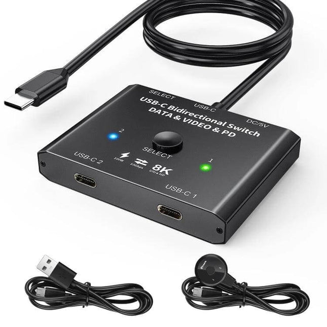 Versatile USB-C Bidirectional Switch for Multiple Device Connections – compact black USB-C bidirectional switch with cable and accessories