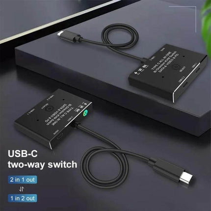 Versatile USB-C Bidirectional Switch for Multiple Device Connections shown on desk with cables connecting laptop and monitor