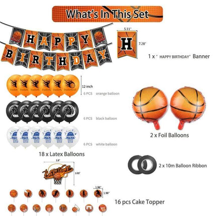 Basketball Theme Party Set Decor Kit For Birthdays with banner, 18 latex balloons, 2 foil basketball balloons, cake toppers and ribbon