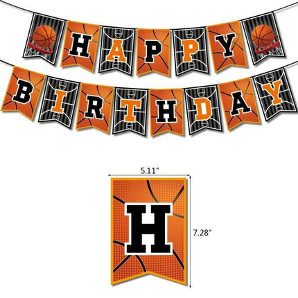 Basketball Theme Party Set Decor Kit For Birthdays banner with orange and black basketball-patterned happy birthday pennant flags for dessert table backdrop