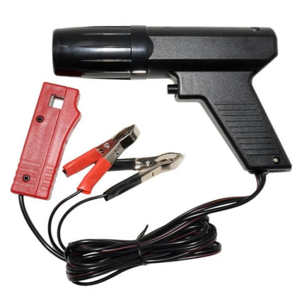 12V Automotive Ignition Timing Light Xenon Strobe Tester with pistol-grip unit, induction clamp and red/black power leads for engine timing checks