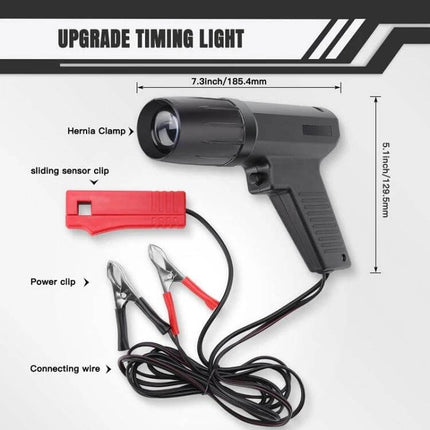 12V Automotive Ignition Timing Light Xenon Strobe Tester handheld unit with induction clamp, red sensor clip and red/black power leads, shown with dimensions