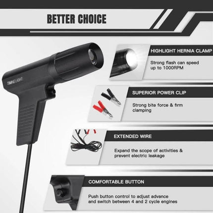 12V Automotive Ignition Timing Light Xenon Strobe Tester handheld timing light with induction clamp, red/black power clips and extended wire for engine timing