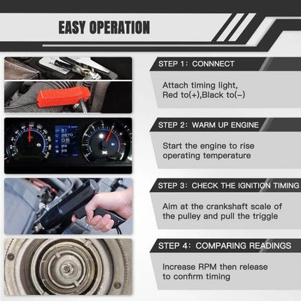 12V Automotive Ignition Timing Light Xenon Strobe Tester showing easy operation steps with red/black leads, induction clamp, dashboard and pulley alignment