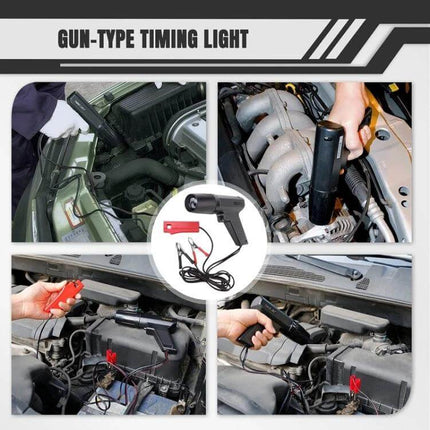 12V Automotive Ignition Timing Light Xenon Strobe Tester handheld gun-style strobe attached to engine high-voltage lead with red and black power clips