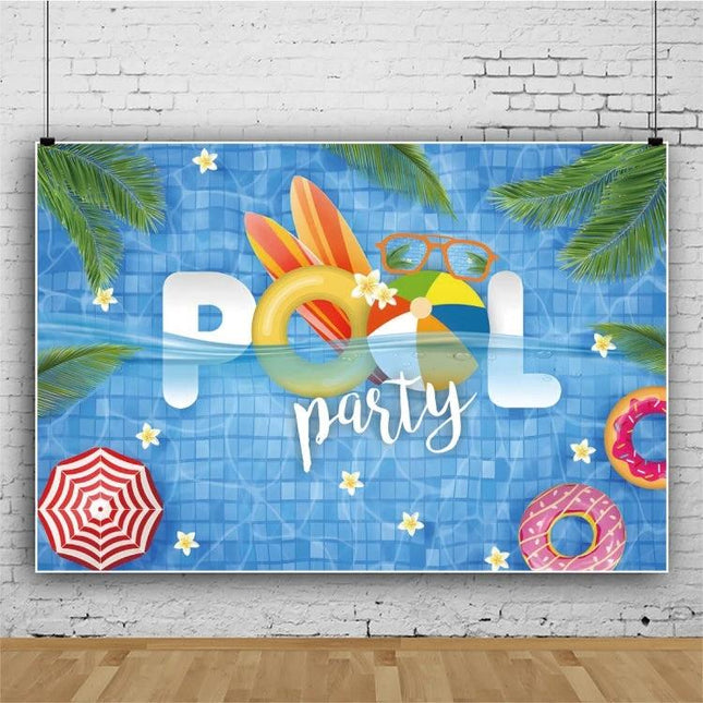 80x120cm Swimming Ring Backdrop for Summer Parties with cartoon pool ring, beach ball, sunglasses and palm leaves on blue vinyl photo cloth