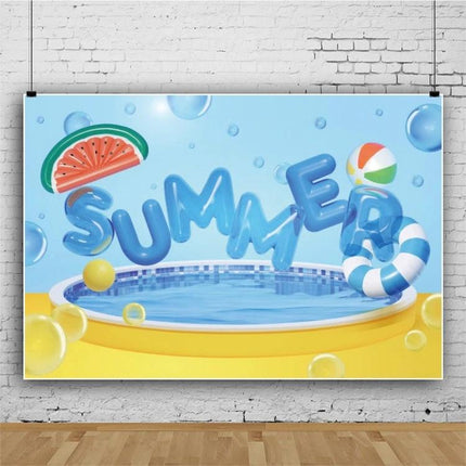 80x120cm Swimming Ring Backdrop for Summer Parties with cartoon pool ring, beach ball and watermelon on vinyl photo cloth