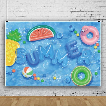 80x120cm Swimming Ring Backdrop for Summer Parties - vinyl photo cloth with cartoon pool ring, watermelon, pineapple and beach ball design