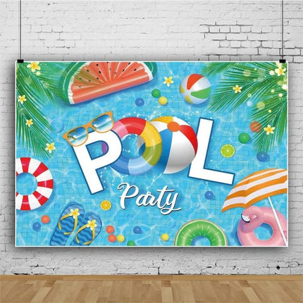 80x120cm Swimming Ring Backdrop for Summer Parties - colorful pool party vinyl backdrop with cartoon swimming rings, beach ball, watermelon and sunglasses