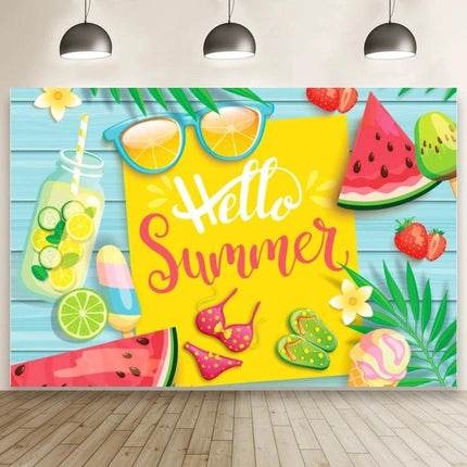 80x120cm Swimming Ring Backdrop for Summer Parties - vinyl pool ring cartoon backdrop with lemons, watermelon and 'Hello Summer' print