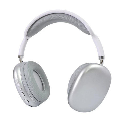 Wireless Bluetooth Headphones With Noise Reduction, silver over-ear headset with memory foam cushions and multi-mode playback controls