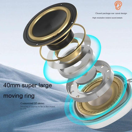 Wireless Bluetooth Headphones With Noise Reduction showing exploded 40mm driver components and memory foam comfort design
