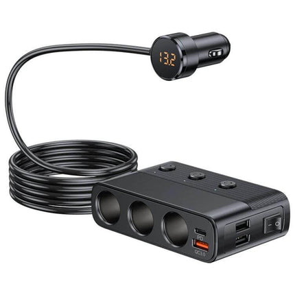 Car Charger Three-Port For On-The-Go Device Charging compact ABS 128W car adapter with 3 USB ports QC3.0 and 80W expansion port