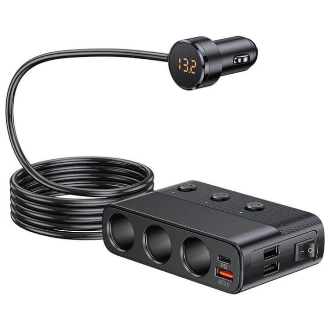 Car Charger Three-Port For On-The-Go Device Charging compact ABS 128W car adapter with 3 USB ports QC3.0 and 80W expansion port