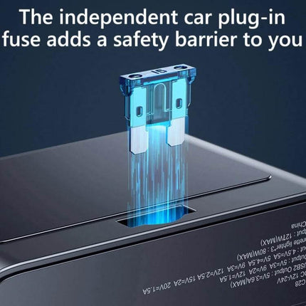 Car Charger Three-Port For On-The-Go Device Charging showing independent car plug-in fuse safety feature above sleek ABS-bodied charger