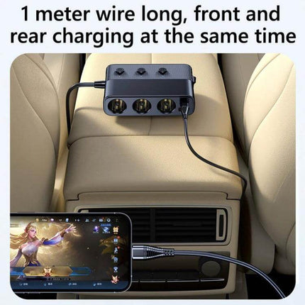 Car Charger Three-Port For On-The-Go Device Charging - 128W compact ABS car charger with 1m cable, 3 USB ports and 80W expansion port powering phone and tablet