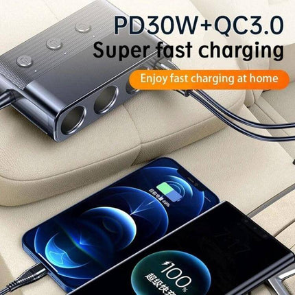 Car Charger Three-Port For On-The-Go Device Charging showing 3-port ABS car charger powering two smartphones with PD30W + QC3.0 cables