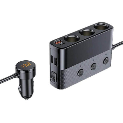 Car Charger Three-Port For On-The-Go Device Charging compact 128W car adapter with 3 sockets, 3 USB ports and 80W expansion port