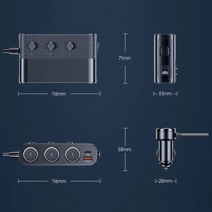 Car Charger Three-Port For On-The-Go Device Charging compact 128W ABS car charger with three USB ports QC3.0 and 80W expansion port, dimensional diagram