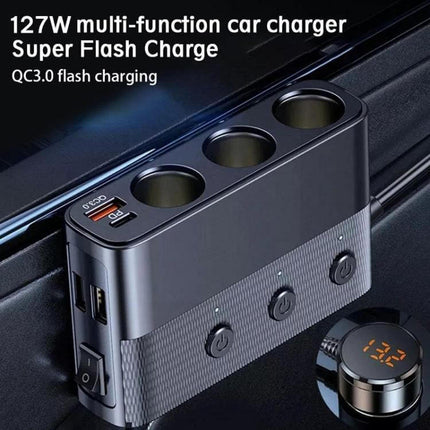 Car Charger Three-Port For On-The-Go Device Charging compact ABS three-socket car adapter with 128W output, 80W expansion port and QC3.0 USB ports