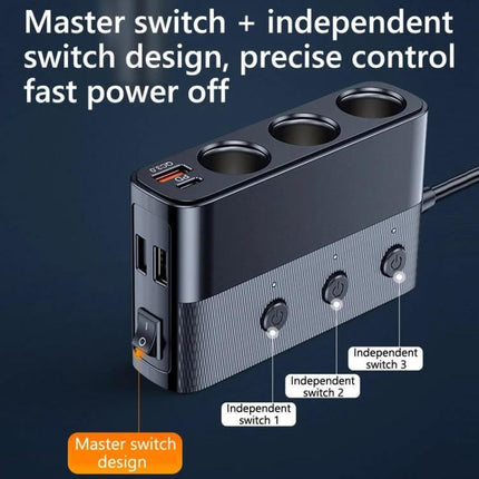 Car Charger Three-Port For On-The-Go Device Charging with 3 cigarette sockets, 2 USB ports, QC3.0 and master + independent switch design