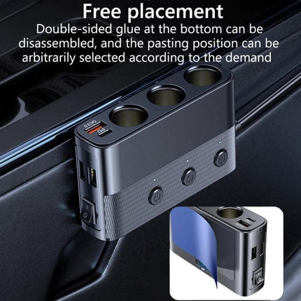 Car Charger Three-Port For On-The-Go Device Charging mounted on car door panel with three sockets, two USB ports and 80W expansion port, compact ABS body
