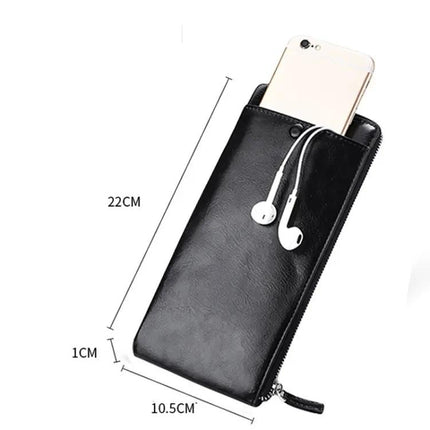 Men's Long Leather Wallet With Zipper Phone Bag Black