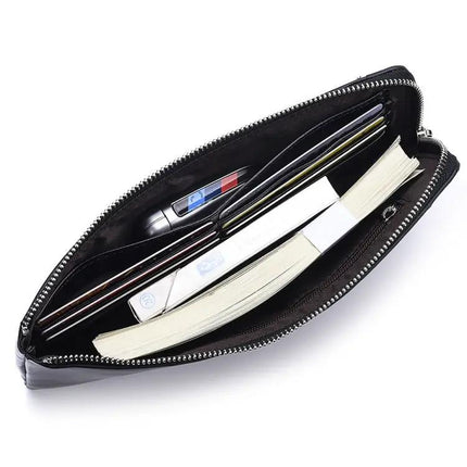 Men's Long Leather Wallet With Zipper Phone Bag Black