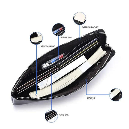Men's Long Leather Wallet With Zipper Phone Bag Black