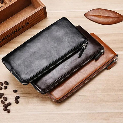 Men's Long Leather Wallet With Zipper Phone Bag Black