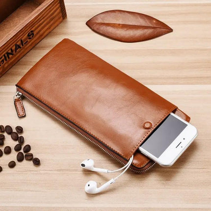 Men's Long Leather Wallet With Zipper Phone Bag Black