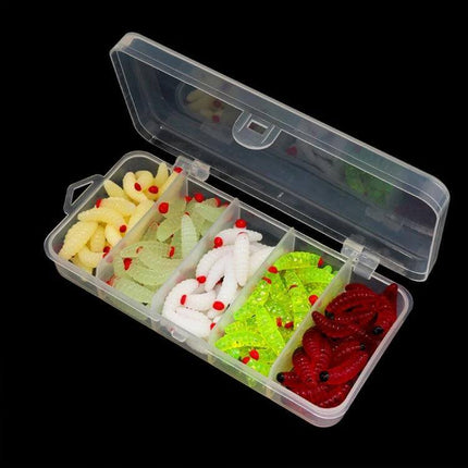 Red Headed Bread Worm Bait For Freshwater Fishing Everyday Use - clear tackle box with red-headed soft PVC worm lures in multiple colors