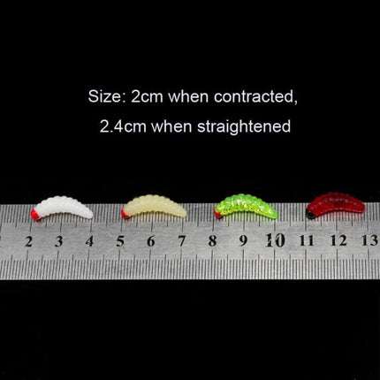 Red Headed Bread Worm Bait For Freshwater Fishing Everyday Use - four small red-headed PVC worm lures on ruler showing 2cm contracted, 2.4cm straightened