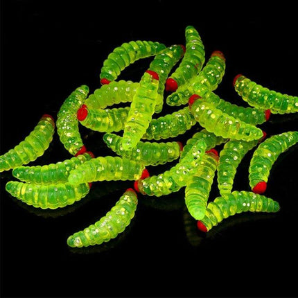 Red Headed Bread Worm Bait For Freshwater Fishing Everyday Use - bright red-headed green PVC soft plastic worm lures, 2 cm size, high-visibility finish