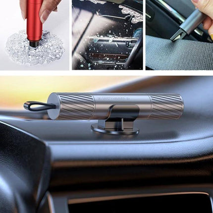 Emergency Safety Hammer for Car Window Escape and Breaking compact metal hammer on dashboard with seatbelt cutter and shattered glass examples