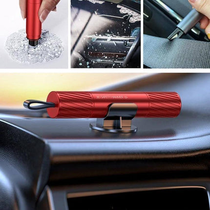 Emergency Safety Hammer for Car Window Escape and Breaking – red compact hammer with glass breaker and seatbelt cutter mounted on car dashboard