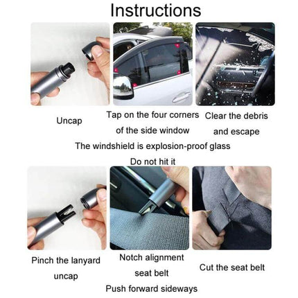 Emergency Safety Hammer for Car Window Escape and Breaking showing steps to uncap, tap corners, break window and cut seat belt
