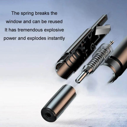 Emergency Safety Hammer for Car Window Escape and Breaking showing spring-loaded tip, seatbelt cutter and reusable window-breaking mechanism