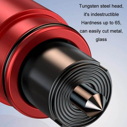 Emergency Safety Hammer for Car Window Escape and Breaking tungsten steel head close-up showing indestructible pointed tip and seatbelt cutter