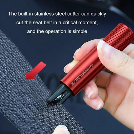 Emergency Safety Hammer for Car Window Escape and Breaking showing red hammer cutting a seat belt with built-in stainless steel cutter