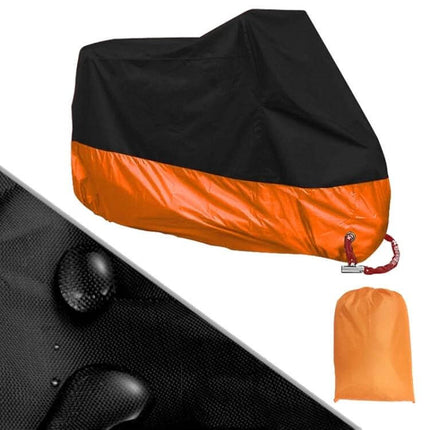 Motorcycle Rain Cover Sizes M, L, XL for Rain Dust and Sun - two-tone black and orange waterproof 190T cover with anti-theft keyhole and storage bag