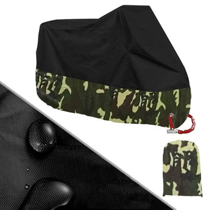 Motorcycle Rain Cover Sizes M, L, XL for Rain Dust and Sun - waterproof 190T silver-plated polyester with anti-theft keyhole, camo hem, storage bag