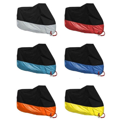 Alt Tag: Motorcycle Rain Cover Sizes M, L, XL for Rain Dust and Sun - lightweight 190T waterproof silver-plated polyester with anti-theft keyhole, color options