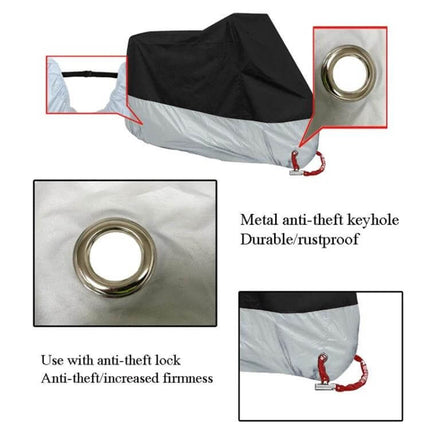 Motorcycle Rain Cover Sizes M, L, XL for Rain Dust and Sun - silver 190T waterproof cover with nickel anti-theft keyhole and lock loop