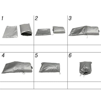 Motorcycle Rain Cover Sizes M, L, XL for Rain Dust and Sun - silver 190T waterproof polyester cover folded and packed with anti-theft keyhole