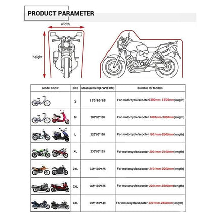 Motorcycle Rain Cover XXL For Outdoor Dust Protection - size chart and measurements guide for fit 125cc–150cc motorcycles