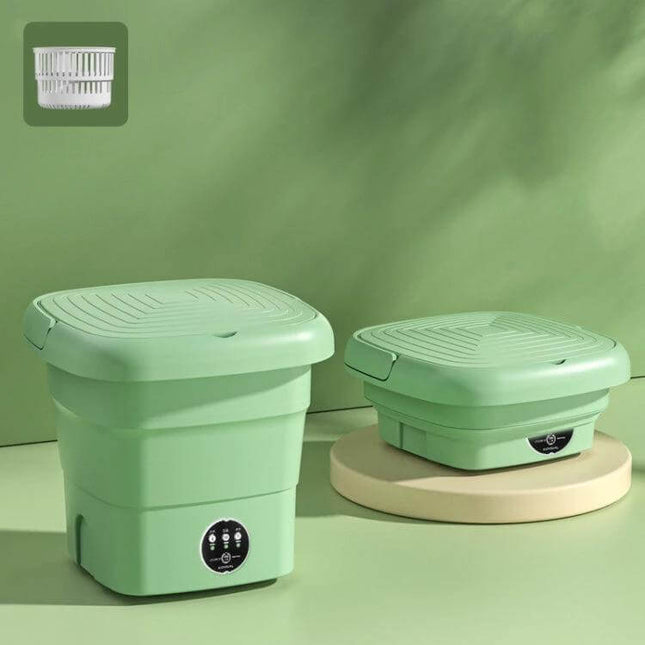 Compact Portable Folding Washer For Small Loads Lake Blue showing expanded and folded lake blue TPE+PP washer with 4.5L capacity and control panel
