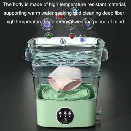 Compact Portable Folding Washer For Small Loads Lake Blue showing folded tub soaking underwear in warm water, TPE+PP body, 4.5L capacity, digital control panel